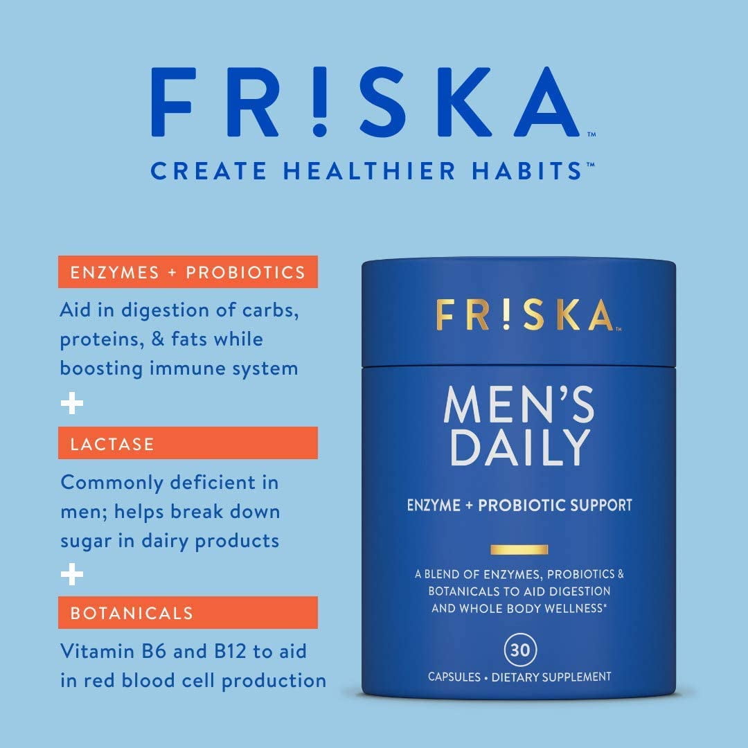 FRISKA Men's Daily Digestive Enzyme Probiotic Supplement, 30 Capsules