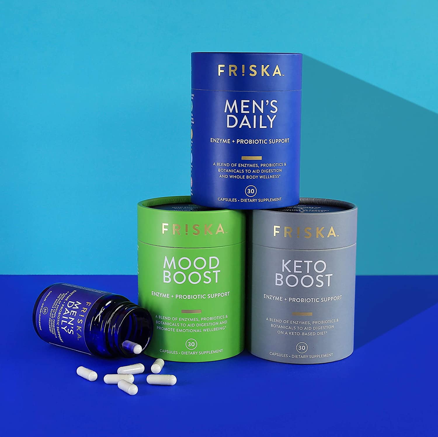 FRISKA Men's Daily Digestive Enzyme Probiotic Supplement, 30 Capsules