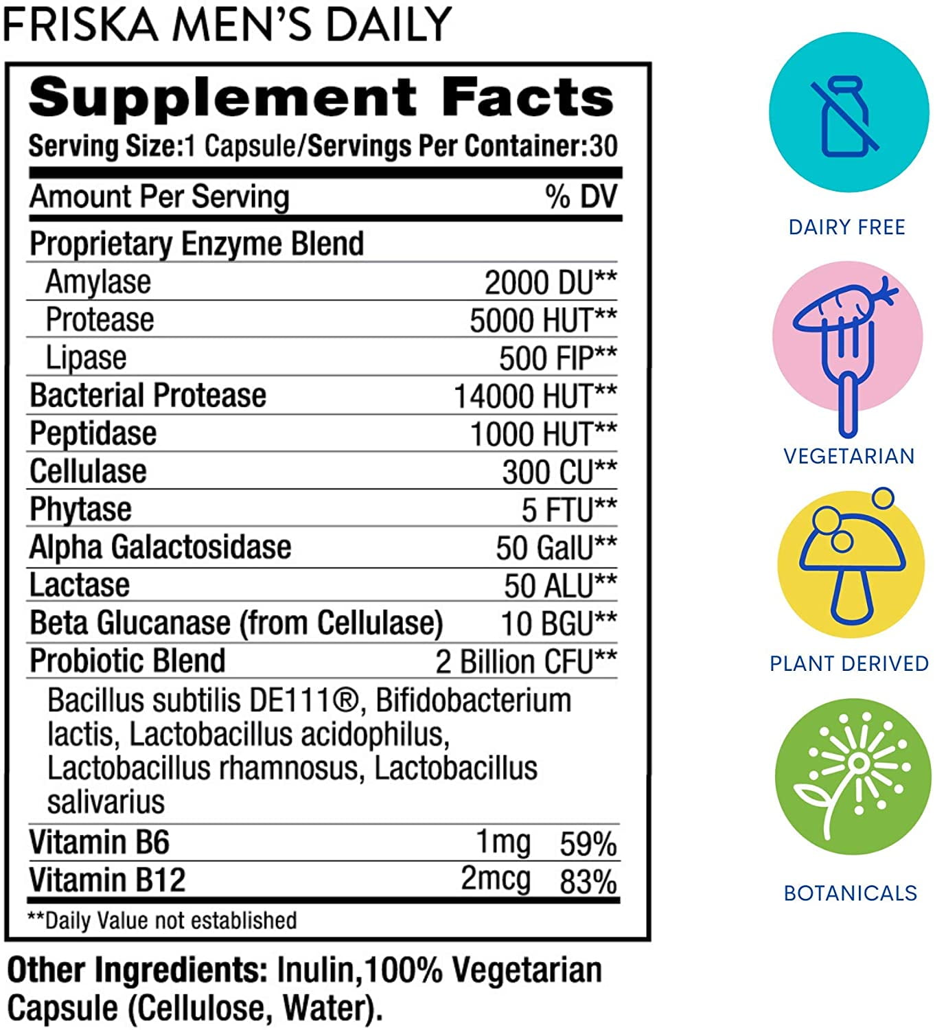 FRISKA Men's Daily Digestive Enzyme Probiotic Supplement, 30 Capsules