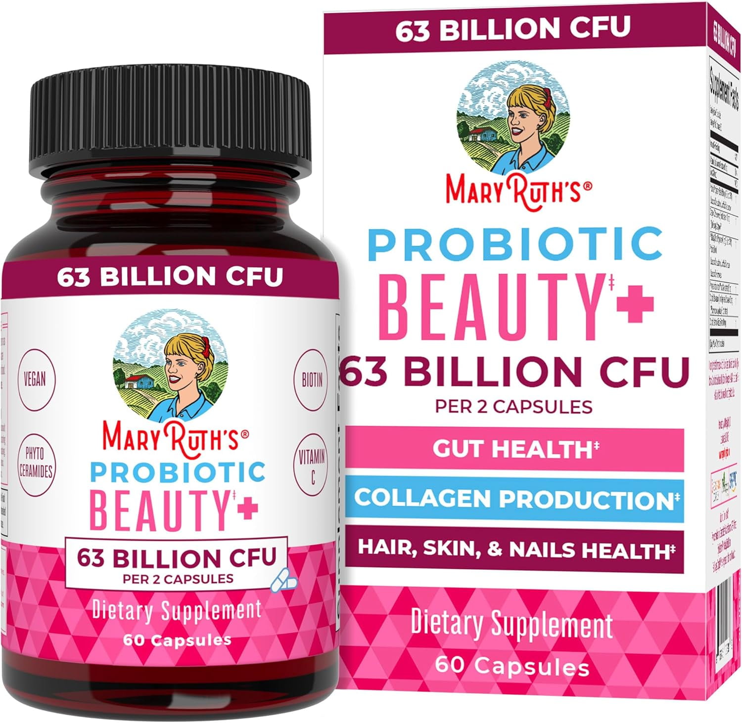 MaryRuth's Probiotic Beauty+ with Vitamin C & Biotin - Hair, Skin, Nails Supplement, 60 Capsules