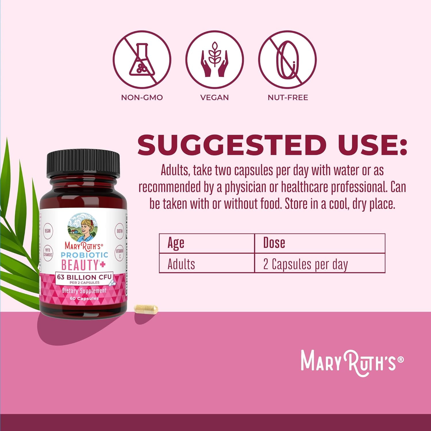 MaryRuth's Probiotic Beauty+ with Vitamin C & Biotin - Hair, Skin, Nails Supplement, 60 Capsules