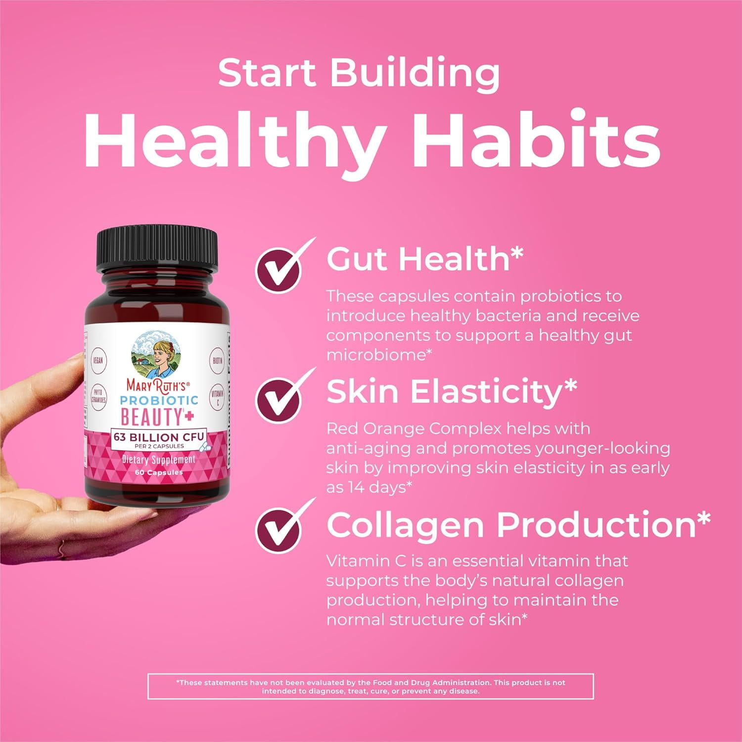 MaryRuth's Probiotic Beauty+ with Vitamin C & Biotin - Hair, Skin, Nails Supplement, 60 Capsules