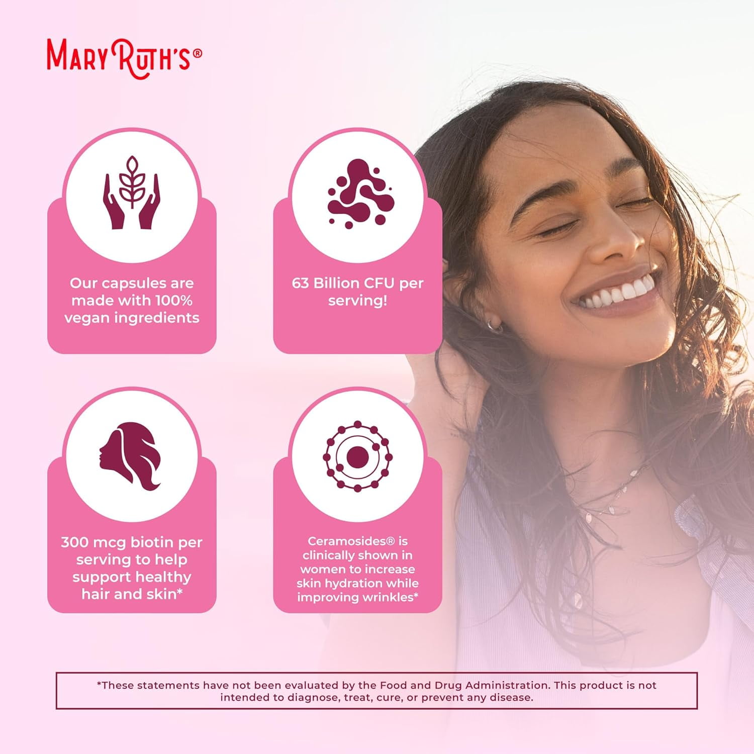 MaryRuth's Probiotic Beauty+ with Vitamin C & Biotin - Hair, Skin, Nails Supplement, 60 Capsules