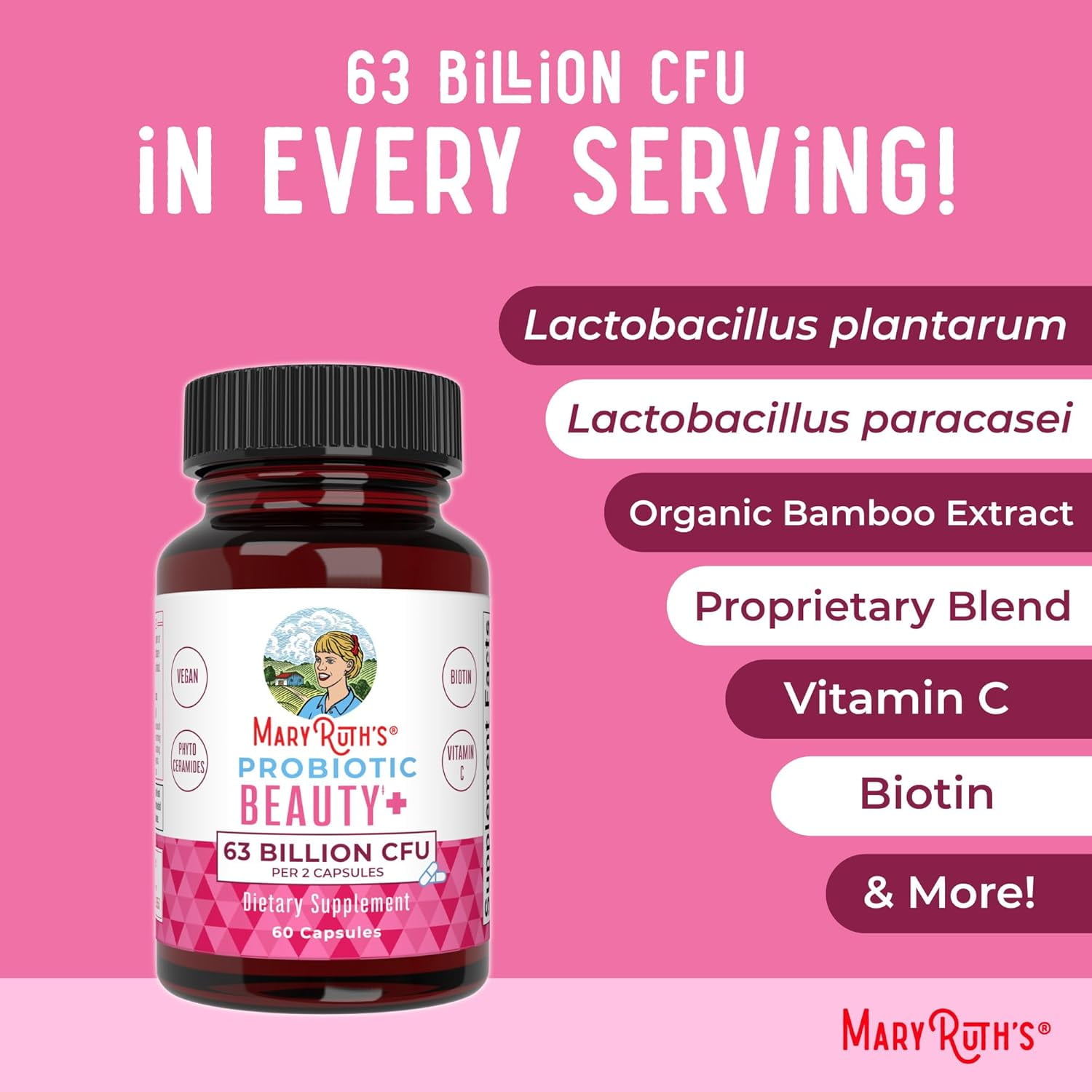 MaryRuth's Probiotic Beauty+ with Vitamin C & Biotin - Hair, Skin, Nails Supplement, 60 Capsules