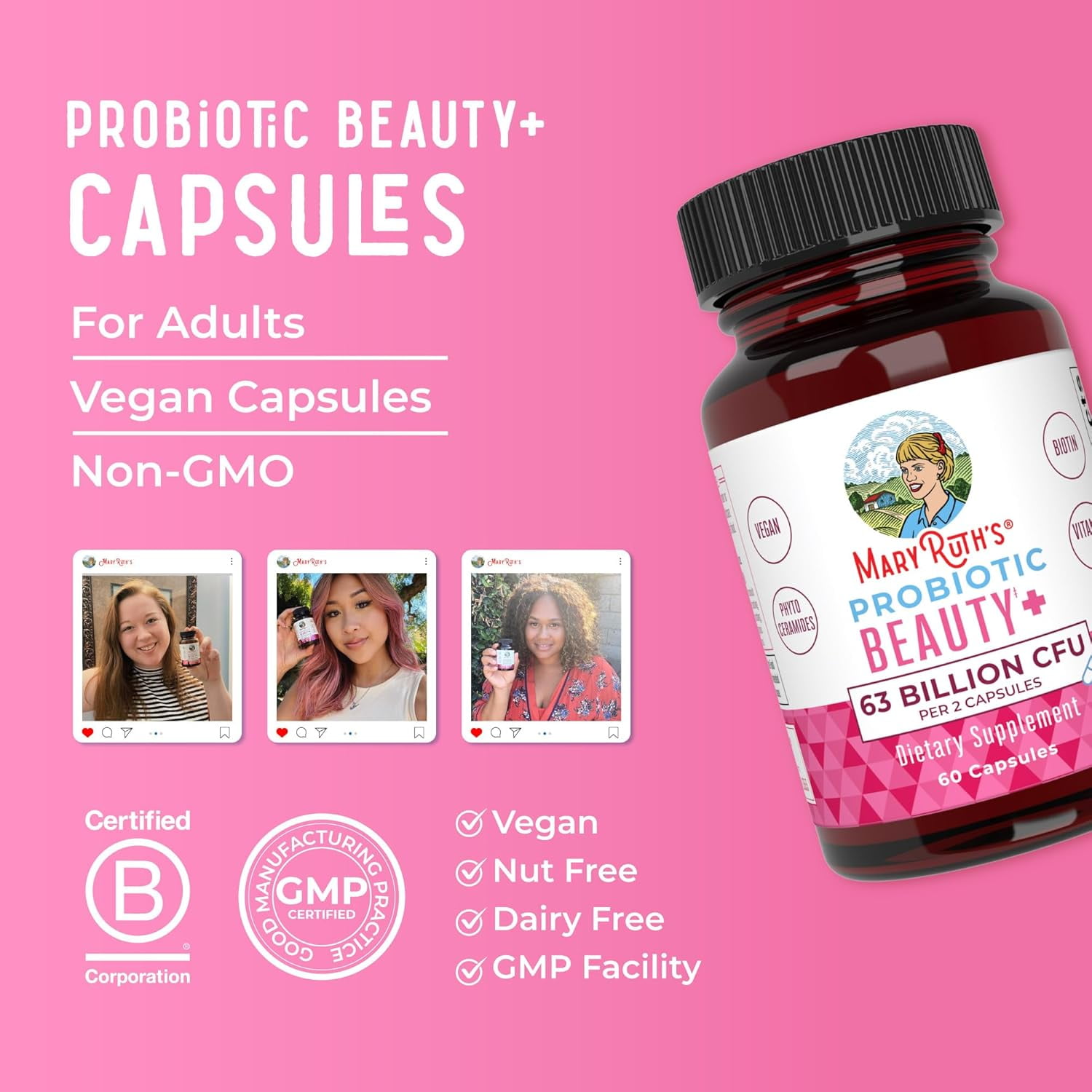 MaryRuth's Probiotic Beauty+ with Vitamin C & Biotin - Hair, Skin, Nails Supplement, 60 Capsules