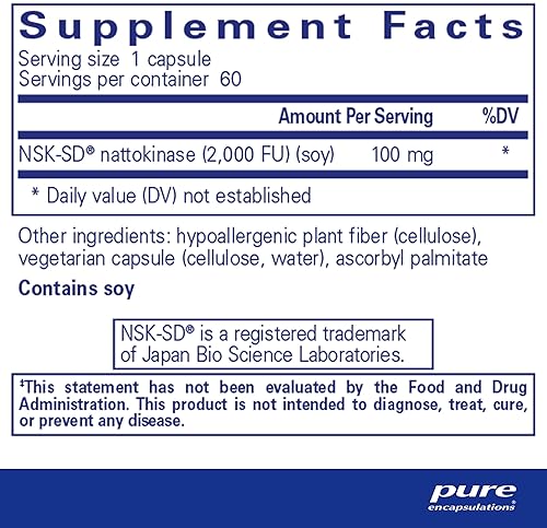 Pure Encapsulations NSK-SD Nattokinase 100mg Capsules - Supports Blood Circulation - Fibrinolytic Activity - Gluten Free - 60 ct