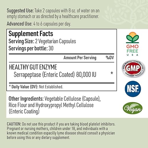 Serrapeptase Digestive Enzymes for Healthy Gut & Liver Support - Non-GMO Vegan Supplement (60 Caps)