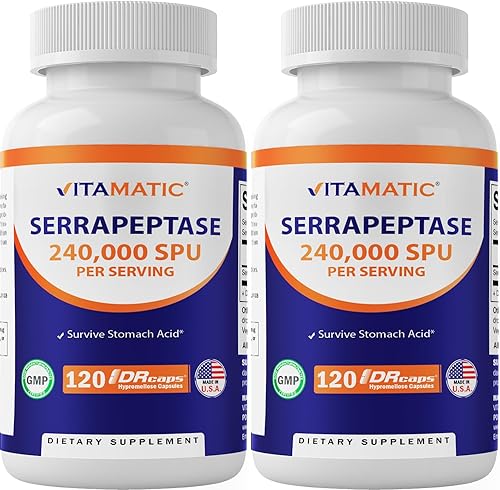 Vitamatic Serrapeptase 240,000 SPU 120ct 2-Pack, USA Made Enteric Coated Capsules