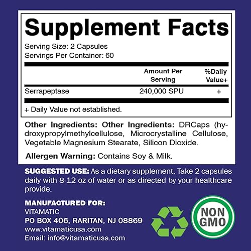 Vitamatic Serrapeptase 240,000 SPU 120ct 2-Pack, USA Made Enteric Coated Capsules