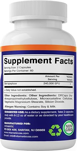 Vitamatic Serrapeptase 240,000 SPU 120ct 2-Pack, USA Made Enteric Coated Capsules