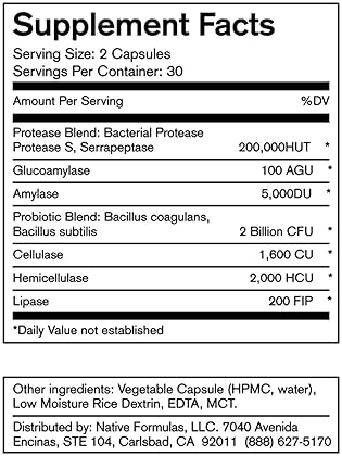Native Formulas Proteolytic Enzyme & Probiotic Blend Supplement - 60 Capsules - Biofilm Disruption for GI Health