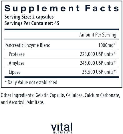 Vital Nutrients Pancreatic Enzymes 1000mg Digestive Supplement | Protease, Amylase & Lipase | 90 Capsules