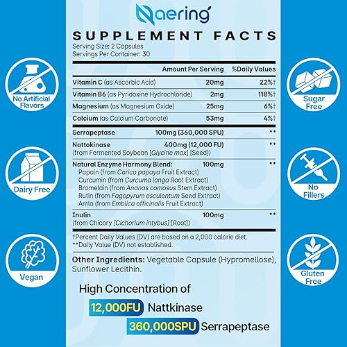 Naering Enzyme Supplement with Nattokinase & Serrapeptase - Supports Circulatory, Gut Health - 60 Capsules (2 Bottles)