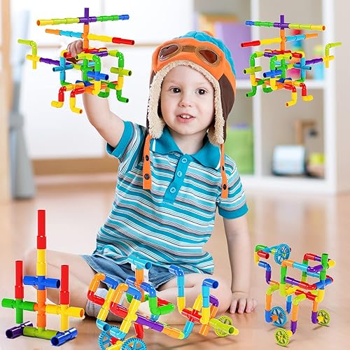 Burgkidz STEM Pipe Tube Building Blocks Set with Wheels Baseplate, 188 Pcs for Kids