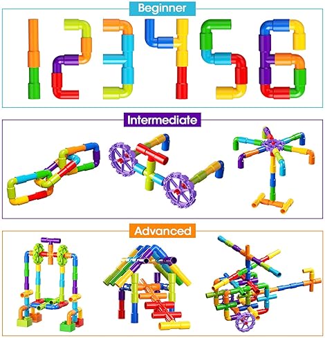 Burgkidz STEM Pipe Tube Building Blocks Set with Wheels Baseplate, 188 Pcs for Kids