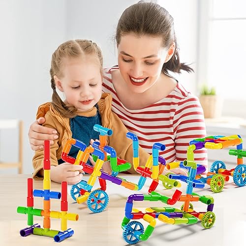 Burgkidz STEM Pipe Tube Building Blocks Set with Wheels Baseplate, 188 Pcs for Kids