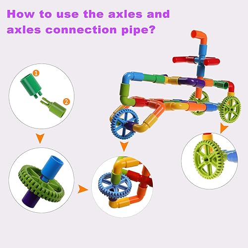 Burgkidz STEM Pipe Tube Building Blocks Set with Wheels Baseplate, 188 Pcs for Kids