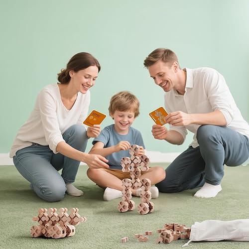 Montessori Toddler Wooden Building Blocks Set - 50Pcs, Durable & Safe, STEM Toy with Canvas Bag & Cards