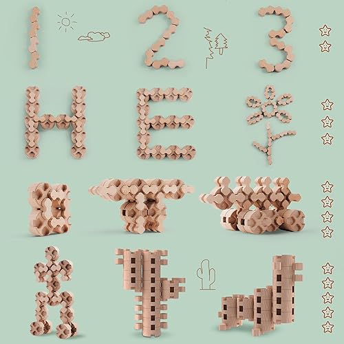 Montessori Toddler Wooden Building Blocks Set - 50Pcs, Durable & Safe, STEM Toy with Canvas Bag & Cards