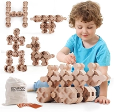 Montessori Toddler Wooden Building Blocks Set - 50Pcs, Durable & Safe, STEM Toy with Canvas Bag & Cards