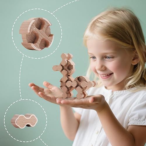 Montessori Toddler Wooden Building Blocks Set - 50Pcs, Durable & Safe, STEM Toy with Canvas Bag & Cards