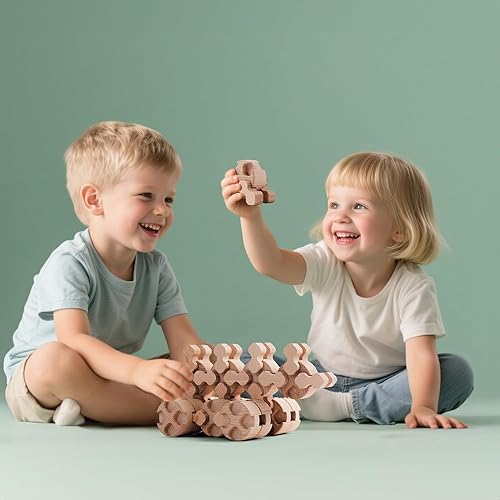 Montessori Toddler Wooden Building Blocks Set - 50Pcs, Durable & Safe, STEM Toy with Canvas Bag & Cards