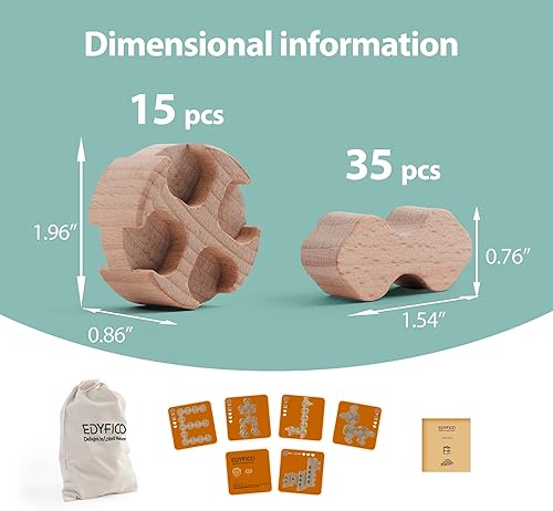 Montessori Toddler Wooden Building Blocks Set - 50Pcs, Durable & Safe, STEM Toy with Canvas Bag & Cards