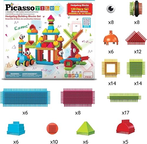 PicassoTiles 120-Piece Hedgehog Building Blocks Toy Set for Kids Age 3+ - Educational STEAM Development Playset