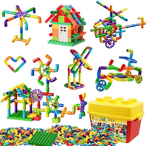 Burgkidz STEM Learning Pipe Tube Building Blocks Set for Kids, 188 Pcs with Wheels Baseplate