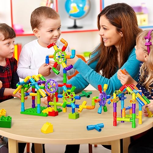 Burgkidz STEM Learning Pipe Tube Building Blocks Set for Kids, 188 Pcs with Wheels Baseplate