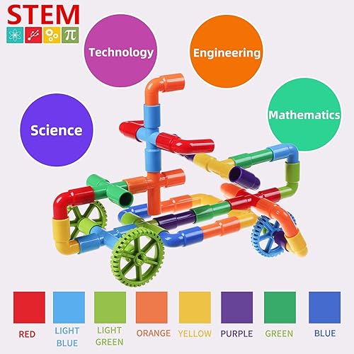 Burgkidz STEM Learning Pipe Tube Building Blocks Set for Kids, 188 Pcs with Wheels Baseplate