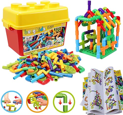 Burgkidz STEM Learning Pipe Tube Building Blocks Set for Kids, 188 Pcs with Wheels Baseplate