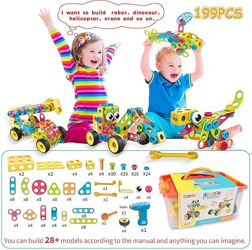 Basytodio 199-Piece STEM Building Blocks Toy Set for Ages 3-8, Educational Gift for Boys and Girls, Construction Games