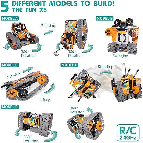 Opmind STEM Remote Control Building Kit: 5-in-1 Erector Projects Set, 392Pcs Blocks, Ages 8-12, Tank/Robot/AVT DIY Science Toy