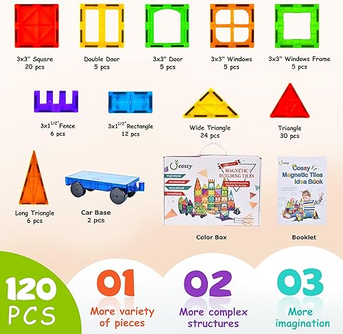 COSSY 120Pcs Magnetic Tiles Building Blocks Set for Kids 3+ with Strong Magnets