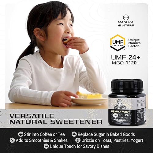 NZ Honey UMF 24+ Manuka Hunters New Zealand Manuka Honey - Pure Natural Sweetener - Gluten & Dairy Free - Ideal for Tea, Coffee, Smoothies - 8.8oz Jar