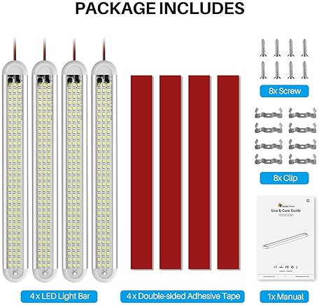 CT CAPETRONIX 12V LED Interior Light Bar, 120 LEDs, 1500LM, 8W, ON/Off Switch - 4 Pack