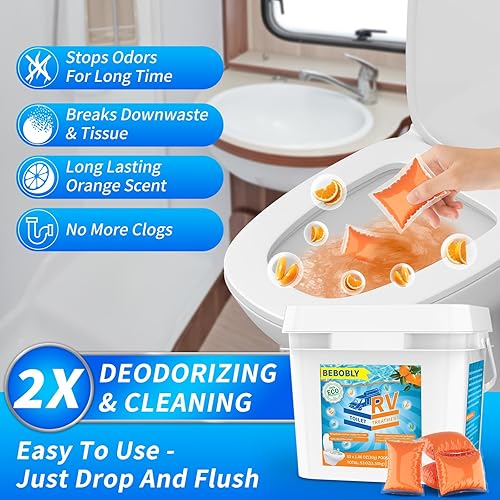 BEBOBLY Extra Strength RV Toilet Treatment Drop Ins, Septic Tank Cleaner & Odor Control - Orange Flavor, 50 Pack