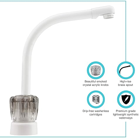 Dura Faucet Hi-Rise RV Kitchen Sink Faucet with Smoked Acrylic Knobs, White - Dura Faucet DF-PK210S-WT