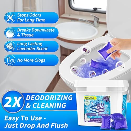 Bebobly Extra Strength RV Toilet Treatment Drop-Ins, Septic Tank Cleaner, Odor Control, Lavender Scent, 50-Pack