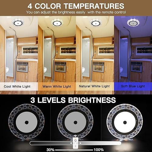 BlueFire Dimmable LED RV Interior Ceiling Lights - 600LM, 4 Colors, Dimmer Switch - Under Cabinet, Camper, Truck - 12-18V (3 Pack)
