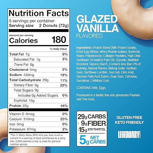 Legendary Foods Glazed Vanilla Protein Donuts - 8 Pack, High Protein, Zero Sugar, Gluten Free, Low Carb, Keto-Friendly Snack