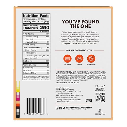 Hershey's Reese's Peanut Butter Lovers ONE Protein Bars - Gluten Free, 18g Protein, 3g Sugar - 2.12 oz (12 Pack)