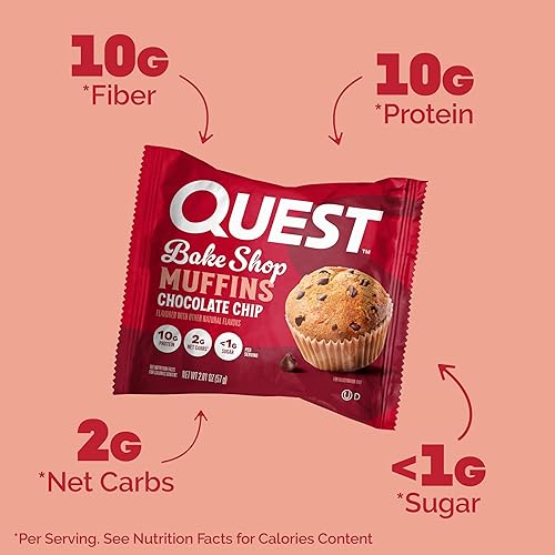 Quest Bake Shop Chocolate Chip Muffins: 10g Protein, 2g Net Carbs, Low Sugar - 8 Pack