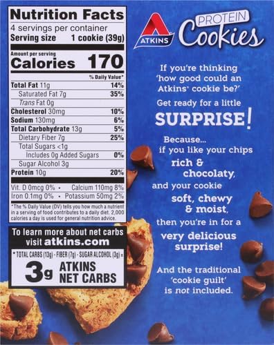Atkins Chocolate Chip Protein Cookie - Low Carb, High Fiber, Keto-Friendly - 4 Pack