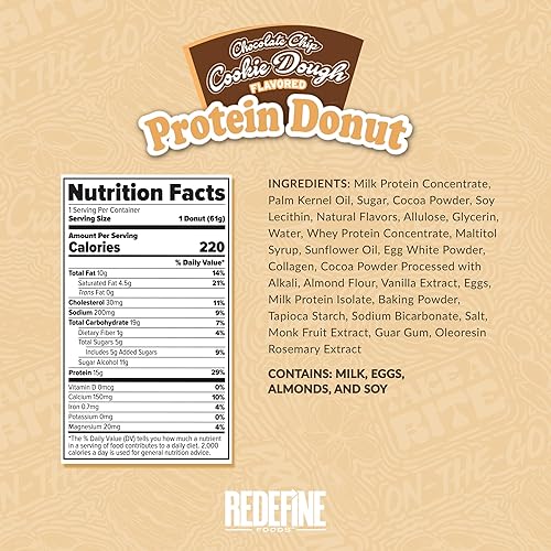 Redefine Foods Protein Donut - Chocolate Chip Cookie Dough Flavor - 15g Protein - 8 Count