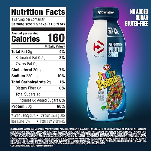 Dymatize Performance Protein Shake, Fruity Pebbles Flavor, 30g Protein, BCAA for Muscle Recovery, No Sugar, Gluten-Free, 11.5oz, 12-Pack