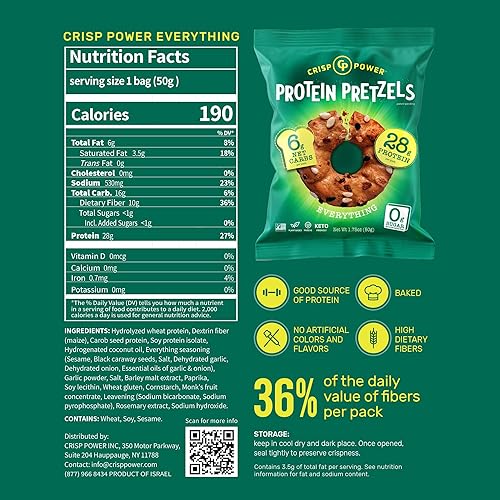 Crisp Power High Protein Pretzel Crisps - 6 Pack, 1.75 oz Each - Plant-Based Snack with 28g Protein, Vegan, Keto-Friendly