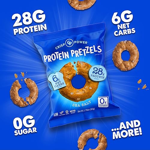 Crisp Power High Protein Pretzel Crisps - 6 Pack, 1.75 oz Each - Plant-Based Snack with 28g Protein, Vegan, Keto-Friendly