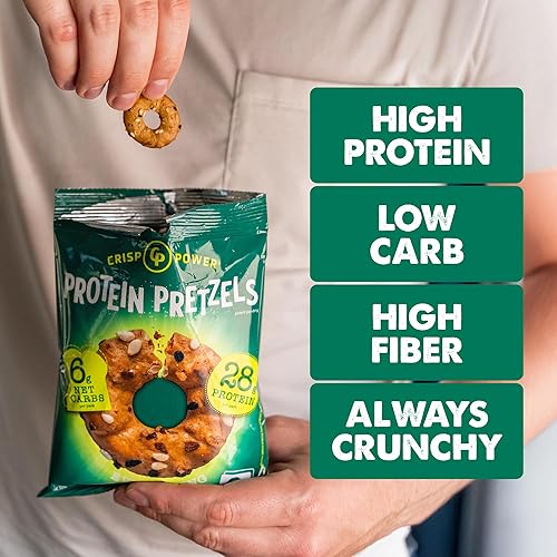 Crisp Power High Protein Pretzel Crisps - 6 Pack, 1.75 oz Each - Plant-Based Snack with 28g Protein, Vegan, Keto-Friendly